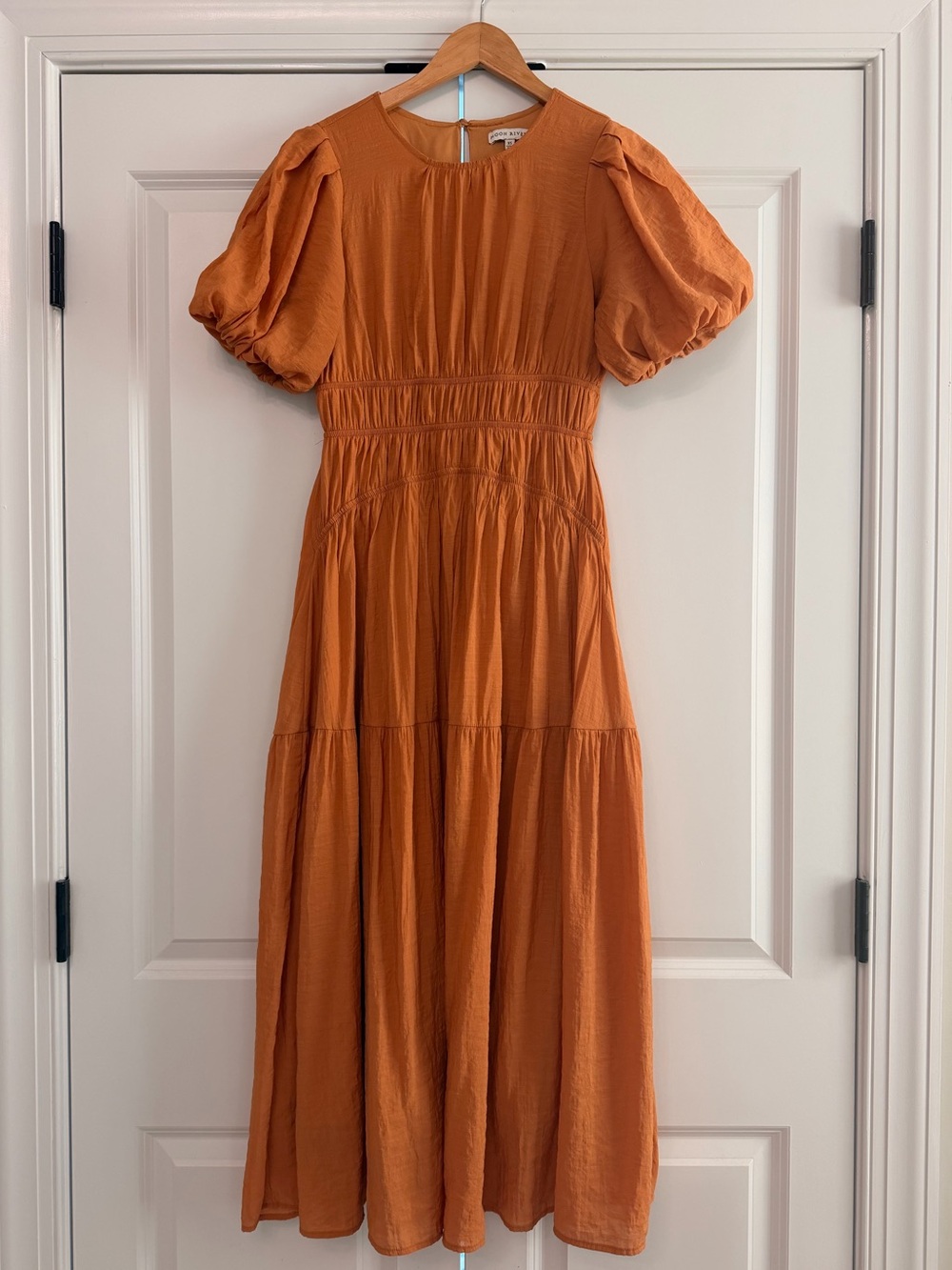 Moon River Women’s Pumpkin Orange Autumn Puff-Sleeve Midi Dress XS
